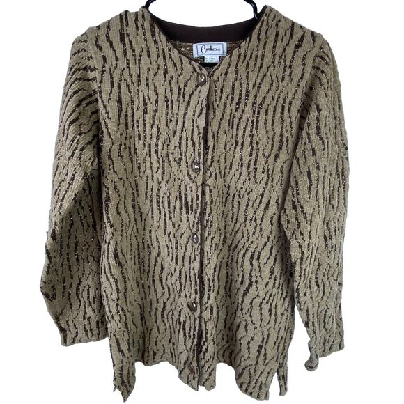 Carducci Sweaters - Vintage Carducci Womens Tan Brown Gold Button Down Chenille Sweater  Size Medium